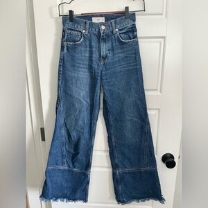 Mango Wide-Leg High Waisted Denim Jeans in Medium Blue With Frayed Bottom